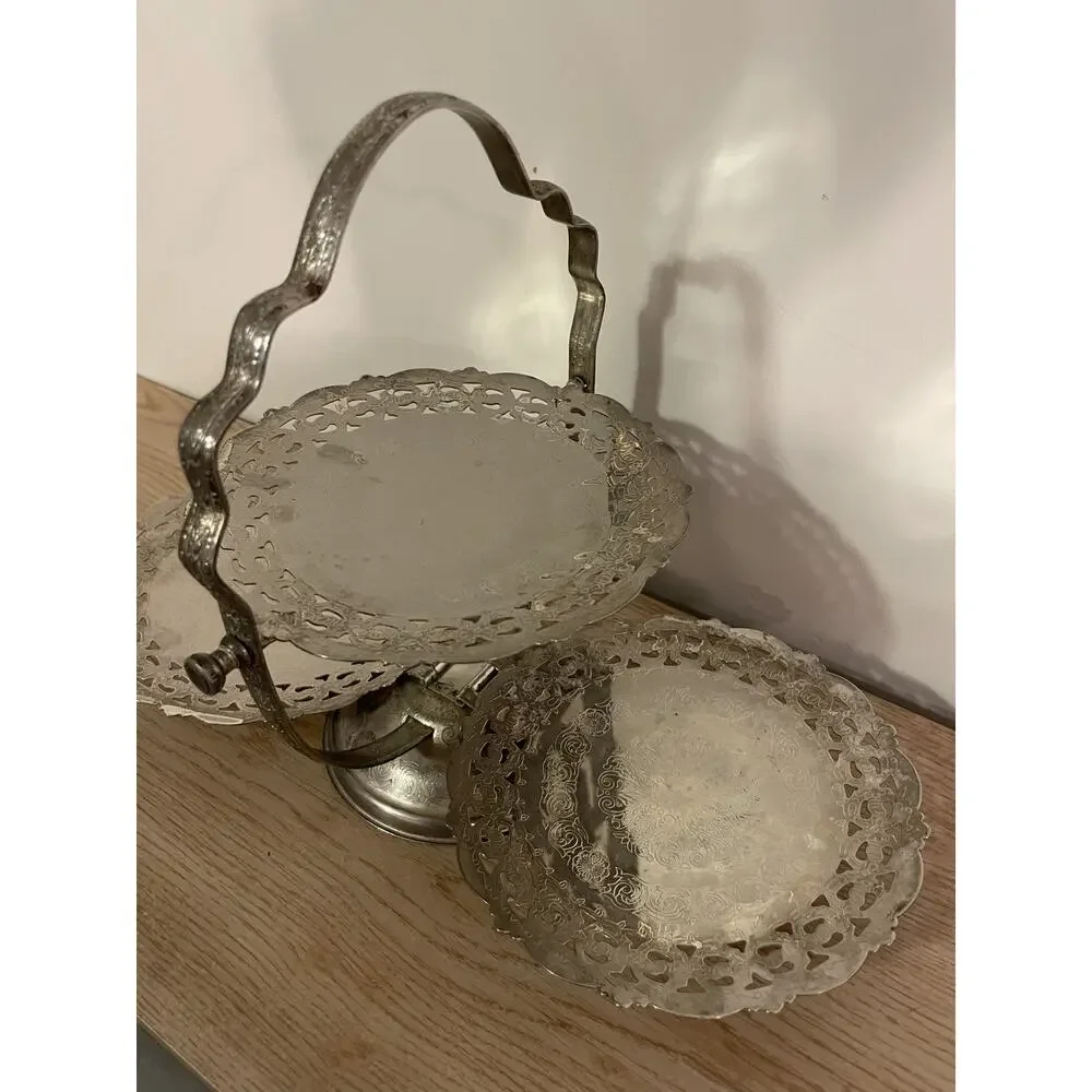 VTG England Silver Tone Filigree Folding Clamshell 3 Tier Dessert Server Stand